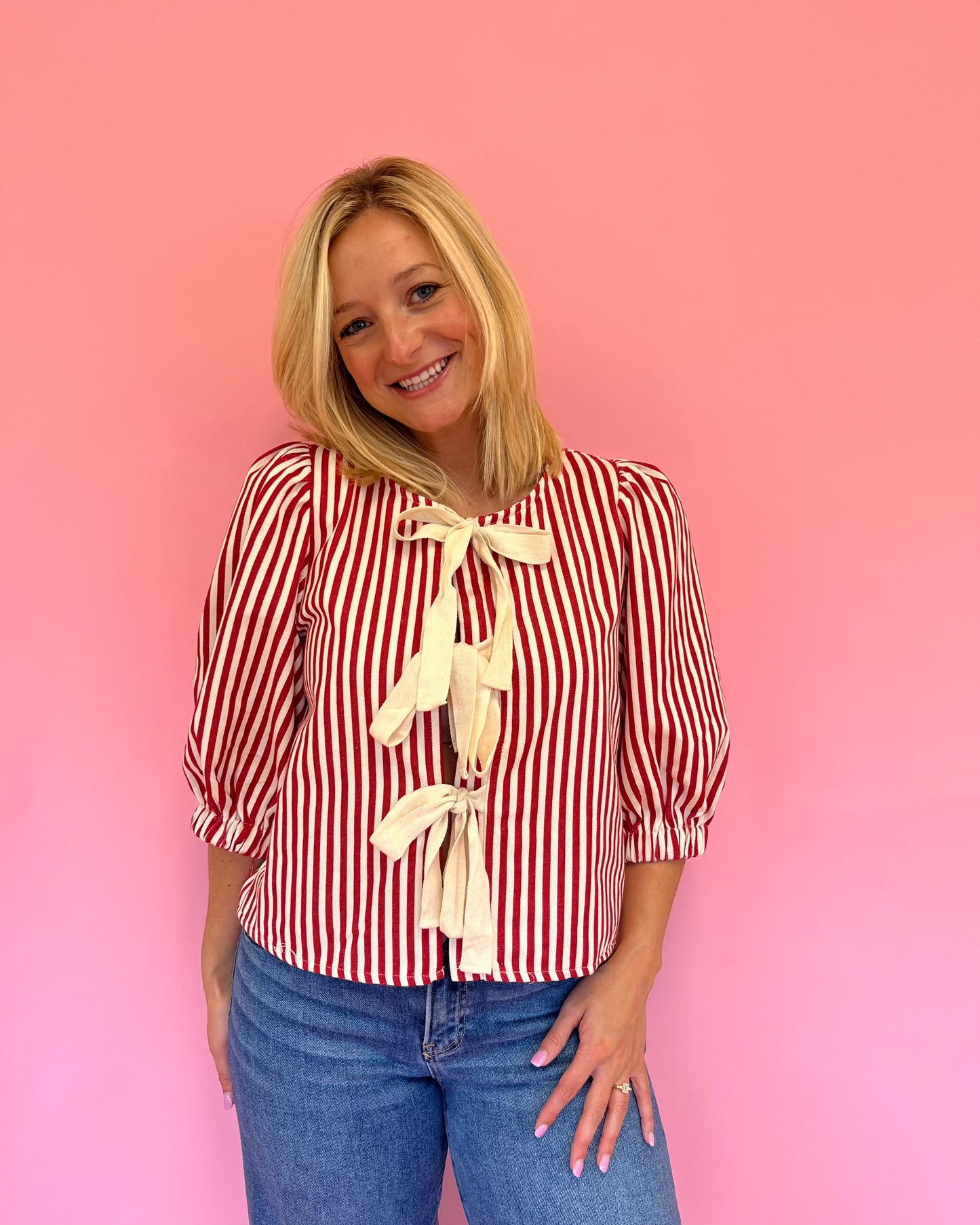 Saylor Red Stripe Bow Front Top