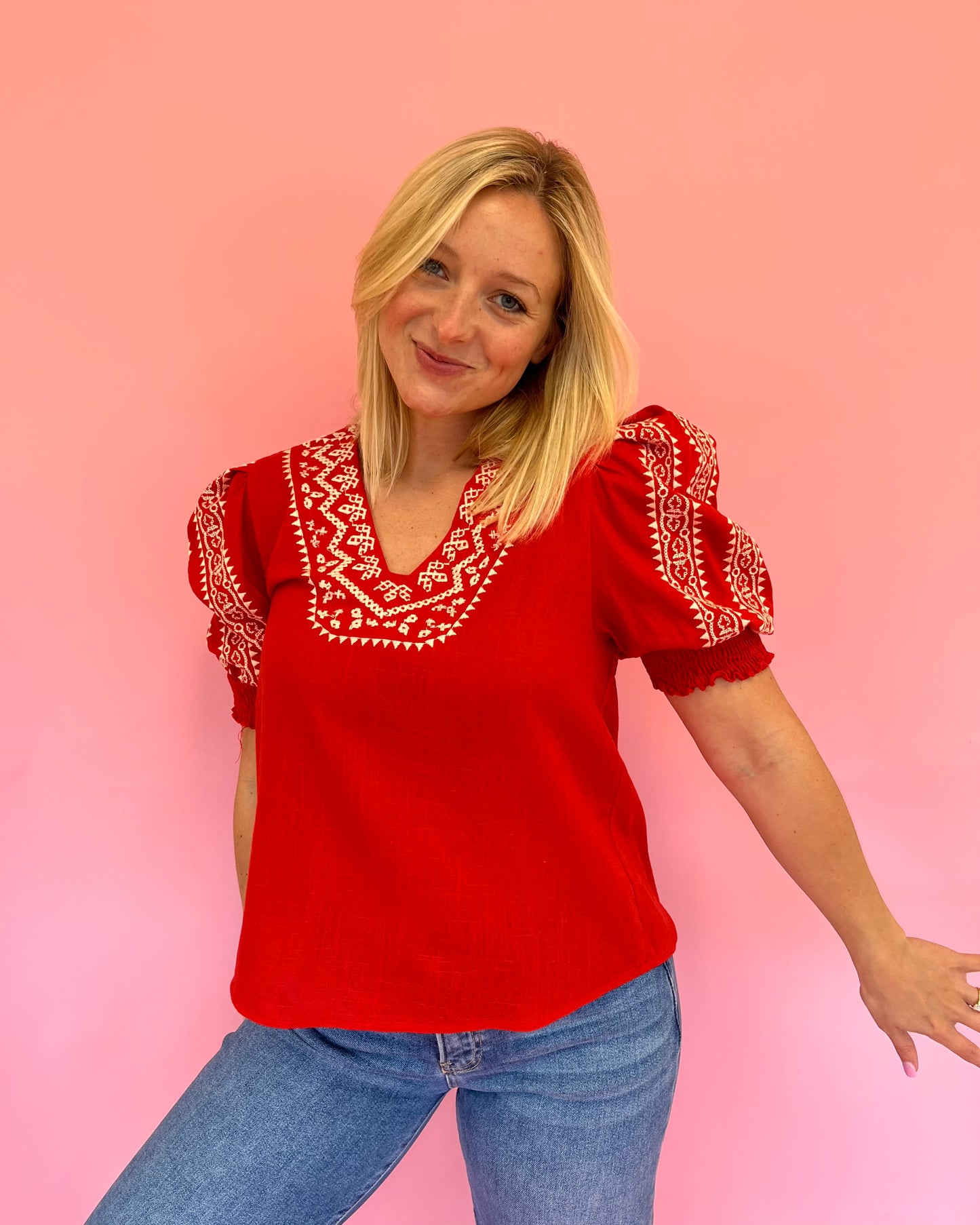 Reba Red Embroidered Top