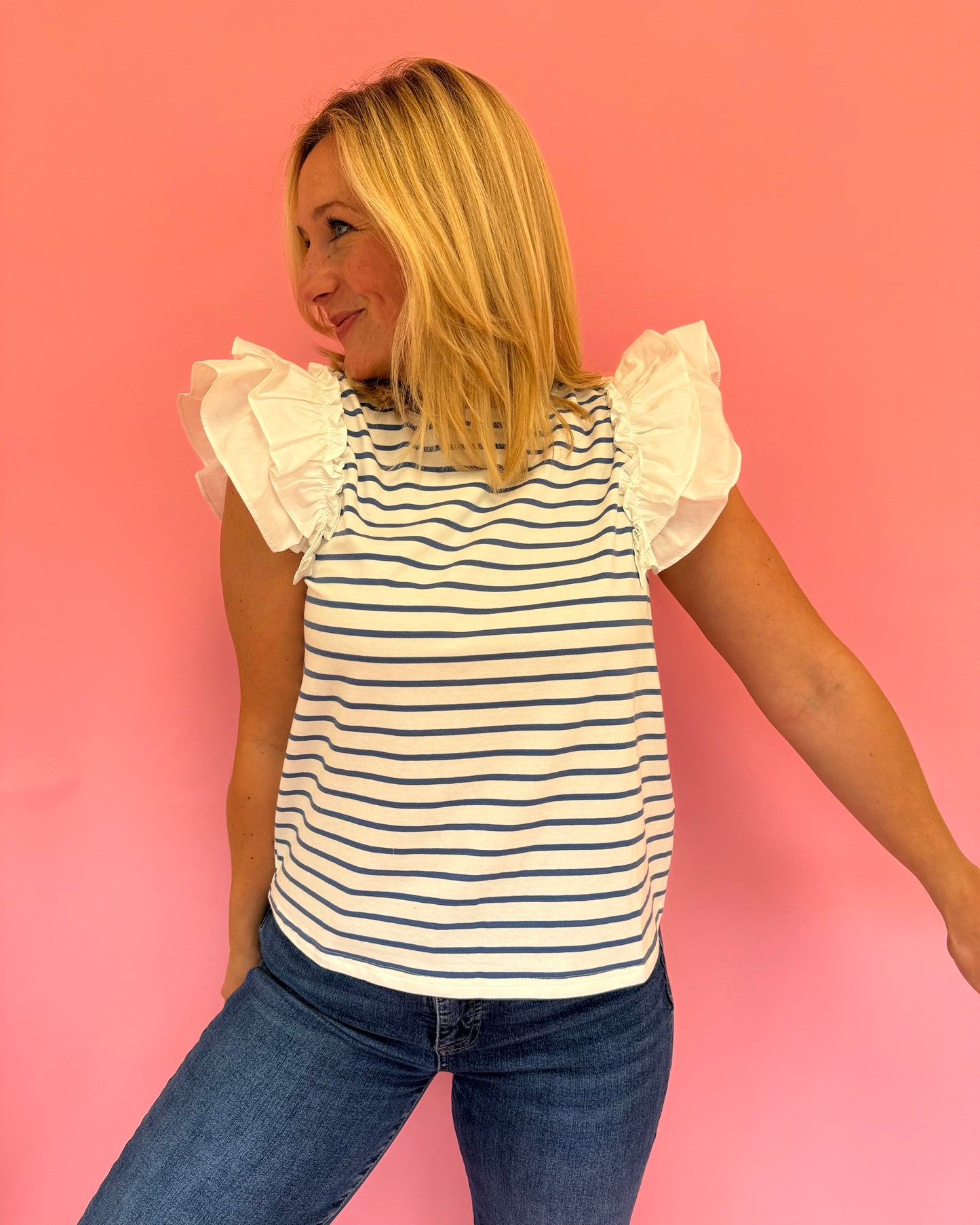 Marie Blue Stripe Flutter Sleeve Top