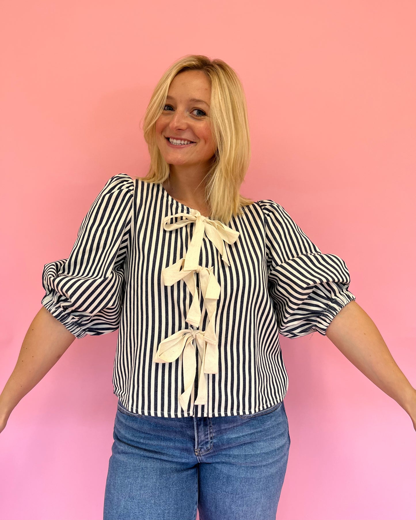Saylor Navy Stripe Bow Front Top