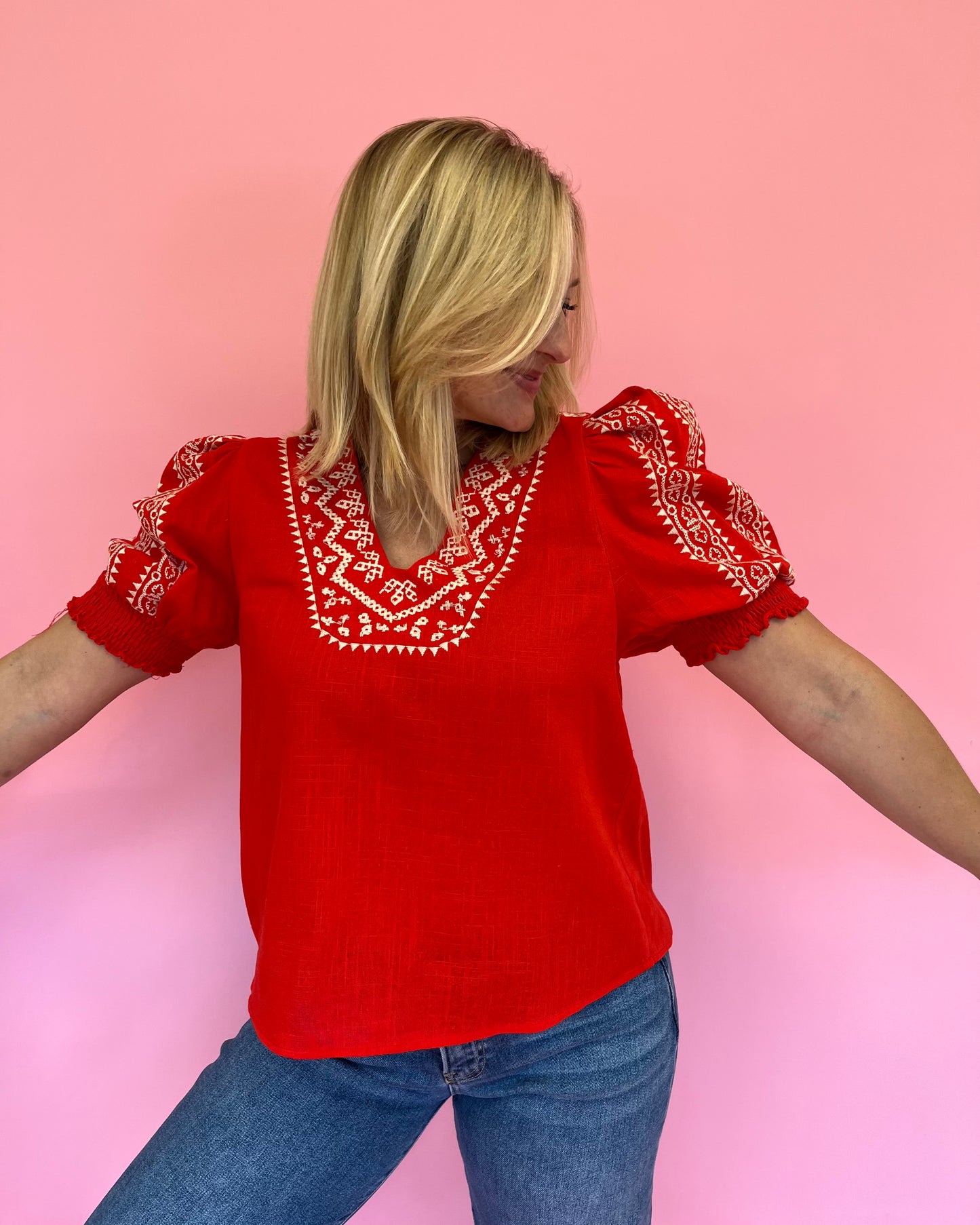 Reba Red Embroidered Top