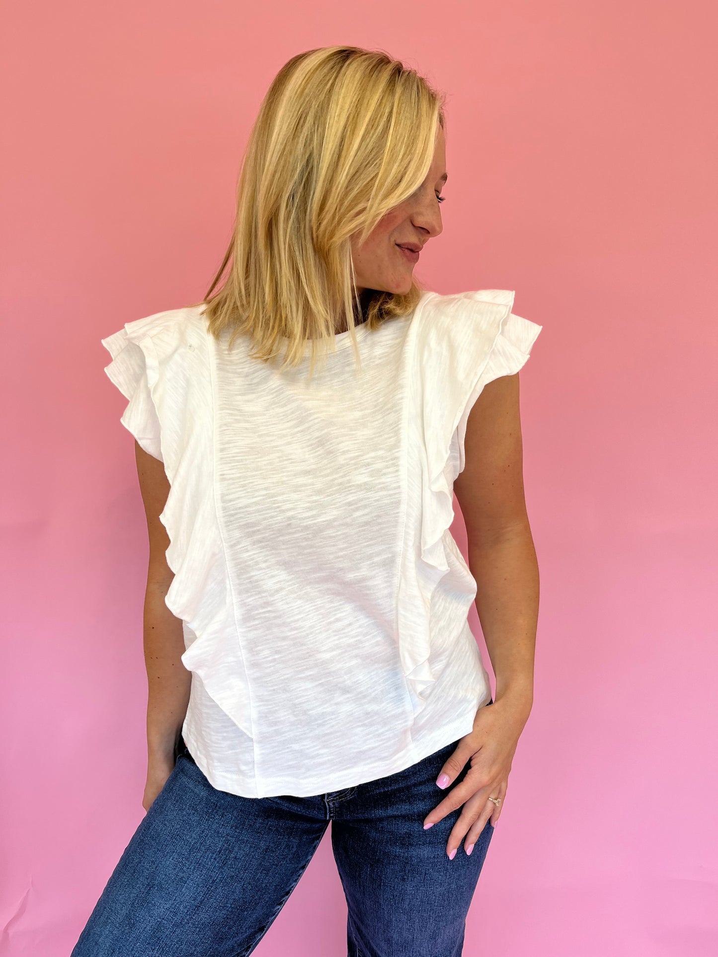 Emily White Flutter Sleeve Top
