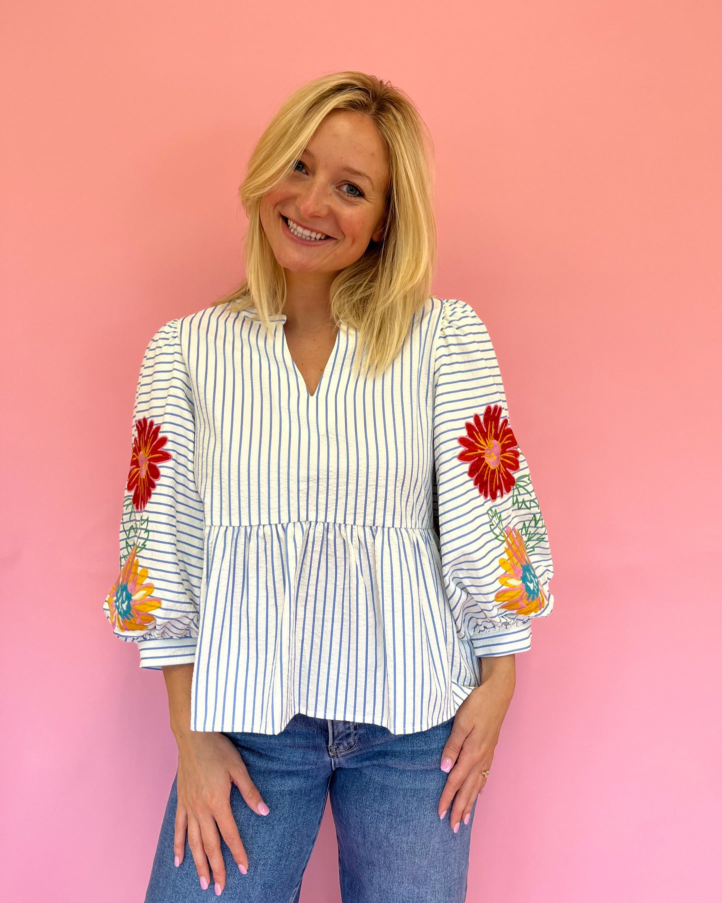 Beverly Blue Stripe Floral Top