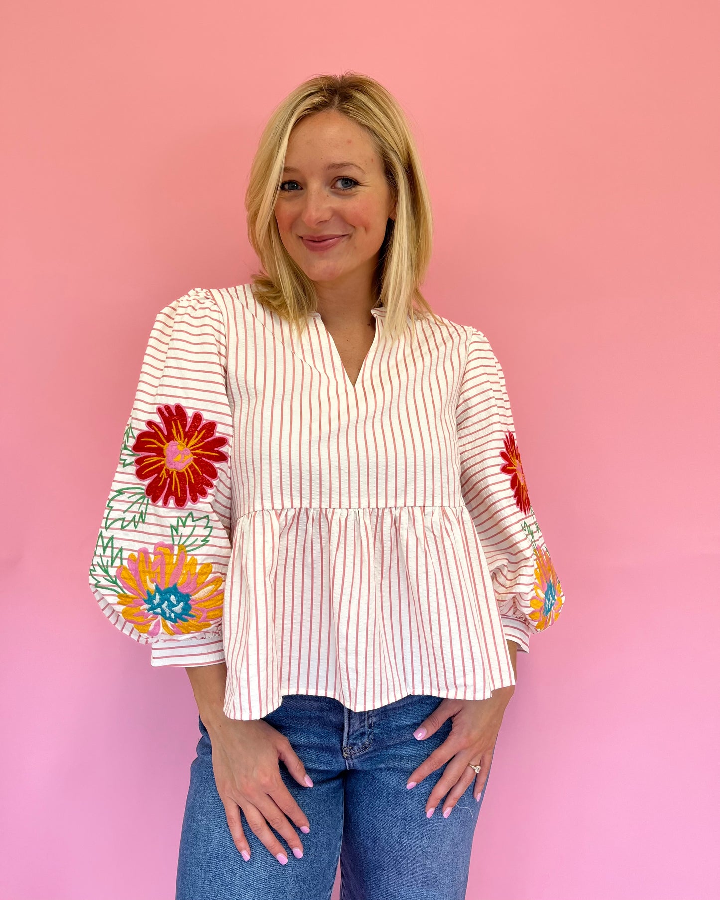 Beverly Pink Stripe Floral Top