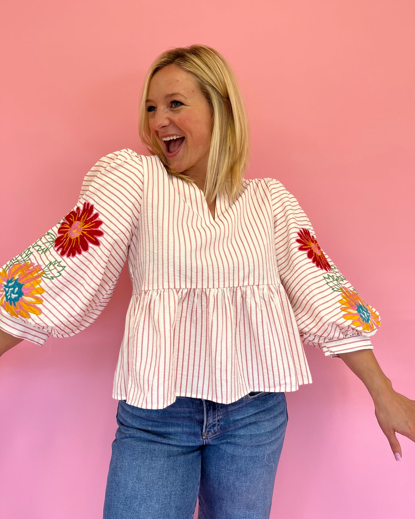 Beverly Pink Stripe Floral Top