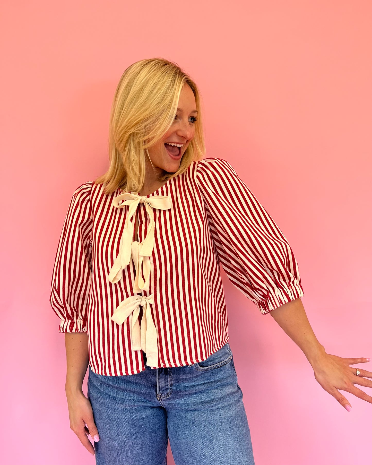 Saylor Red Stripe Bow Front Top