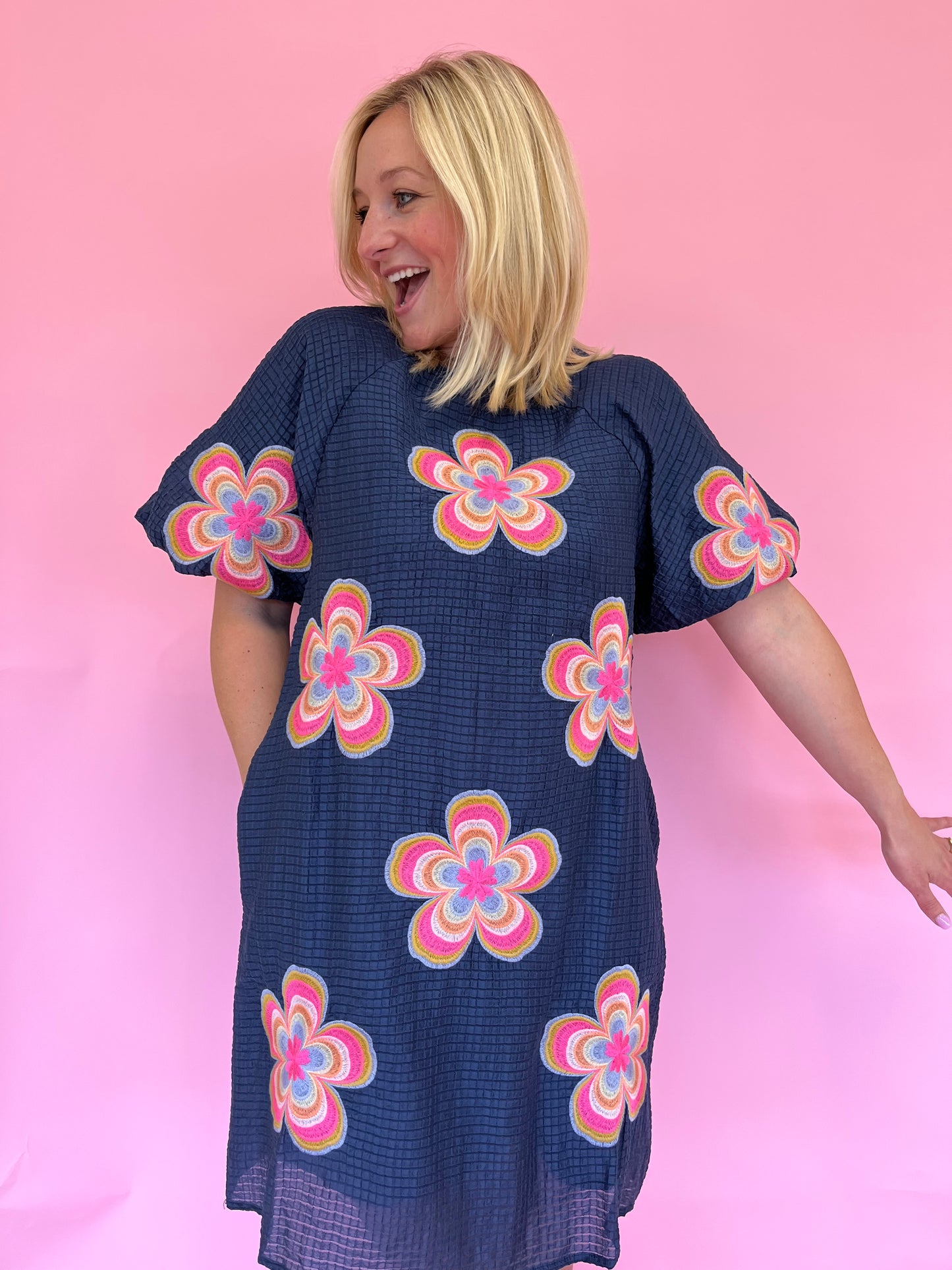 Taylor Navy Embroidered Flower Dress