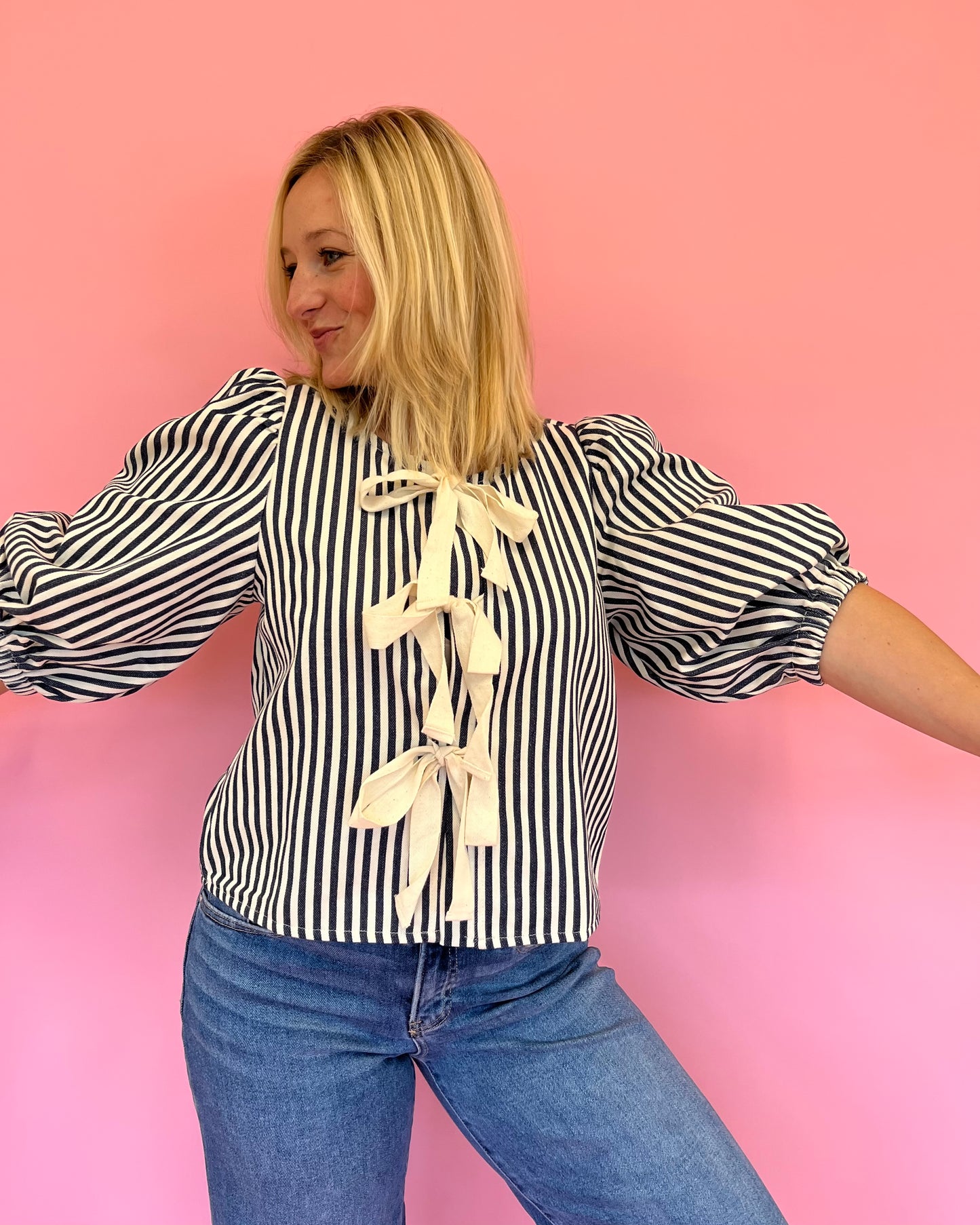 Saylor Navy Stripe Bow Front Top