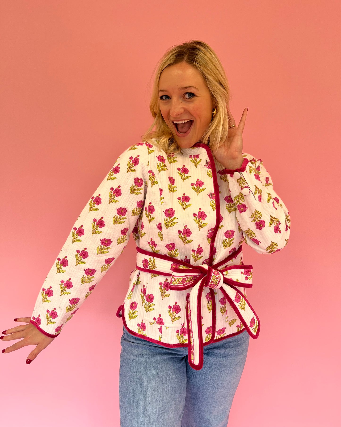 Magnolia Floral Velvet Trim Quilted Jacket