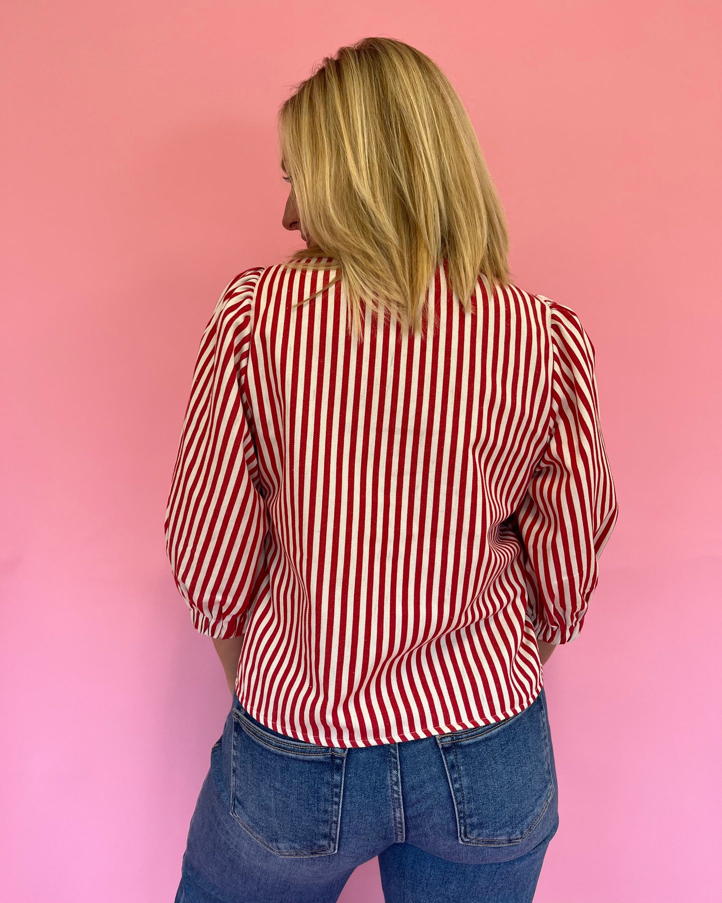 Saylor Red Stripe Bow Front Top