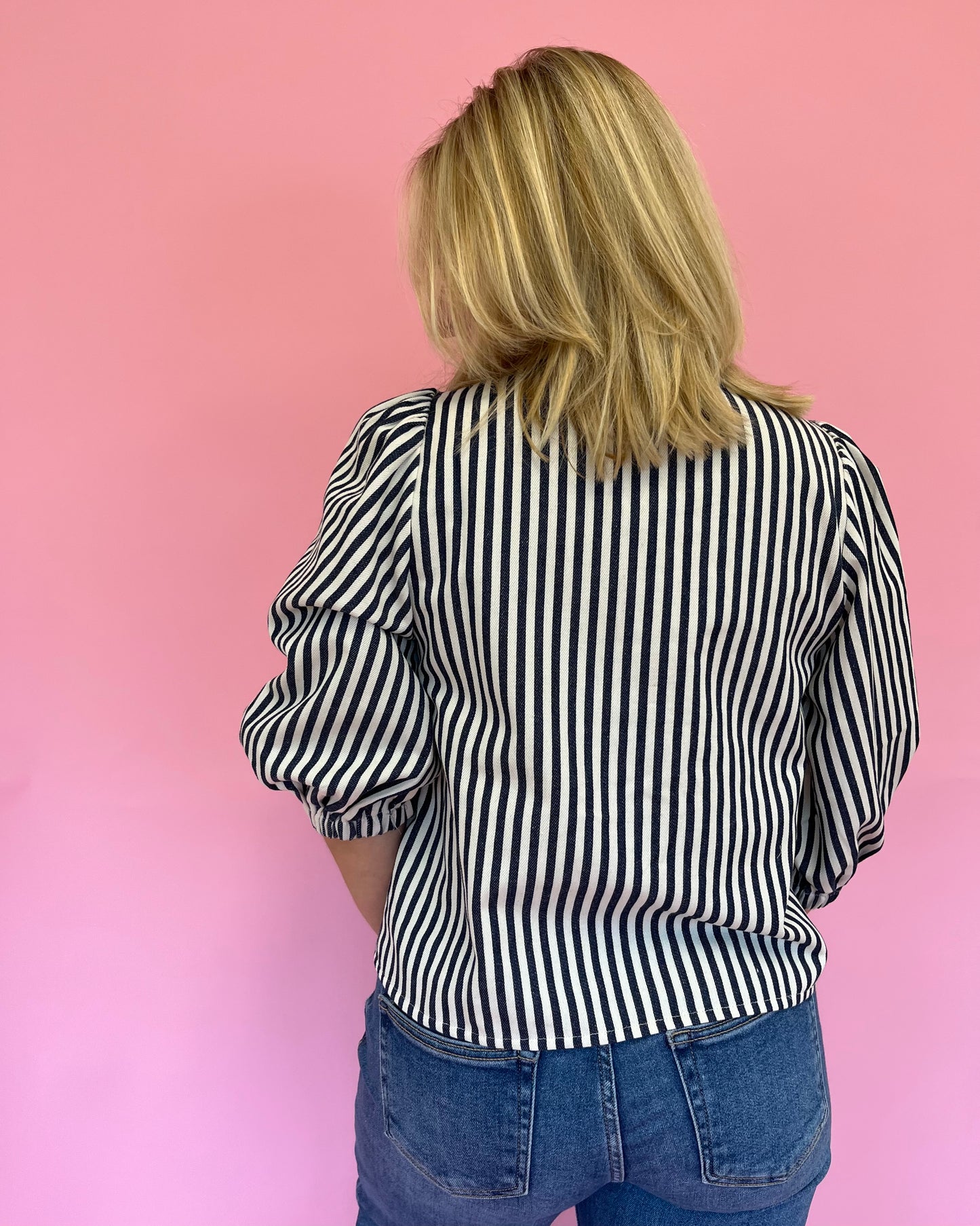 Saylor Navy Stripe Bow Front Top