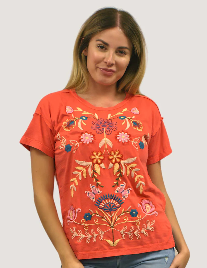 Cora Orange Embroidered Tee