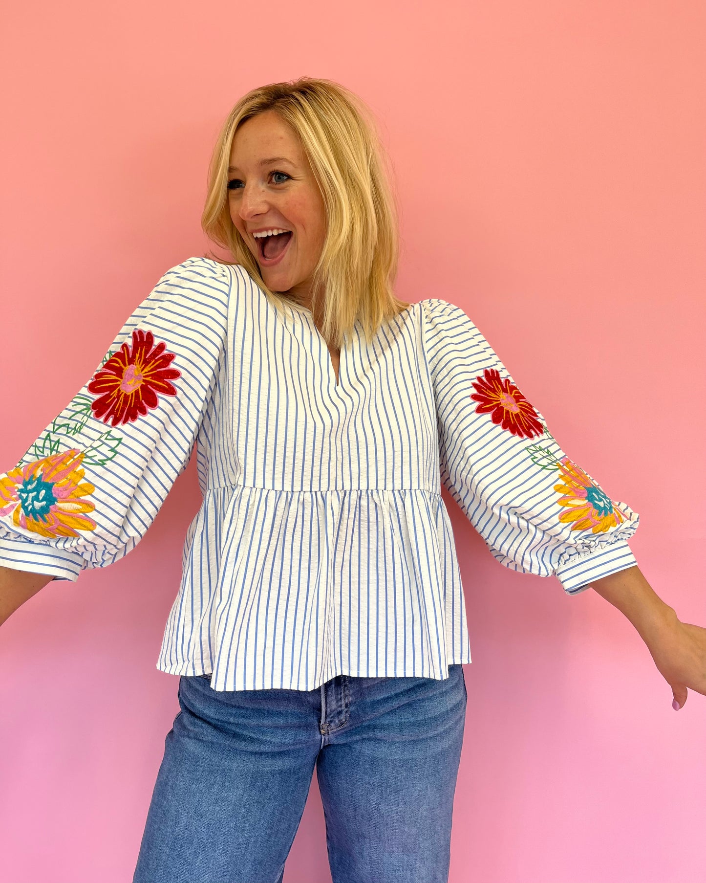 Beverly Blue Stripe Floral Top
