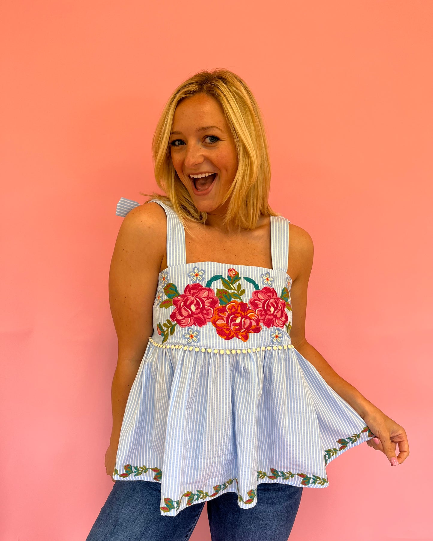 Adele Floral Embroidered Tie Top