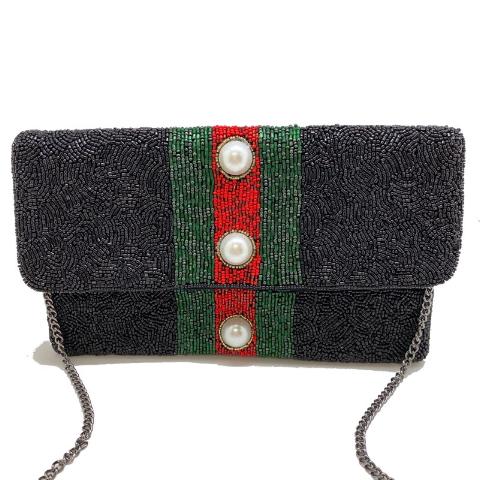 Black Stripe Beaded Clutch with Pearls