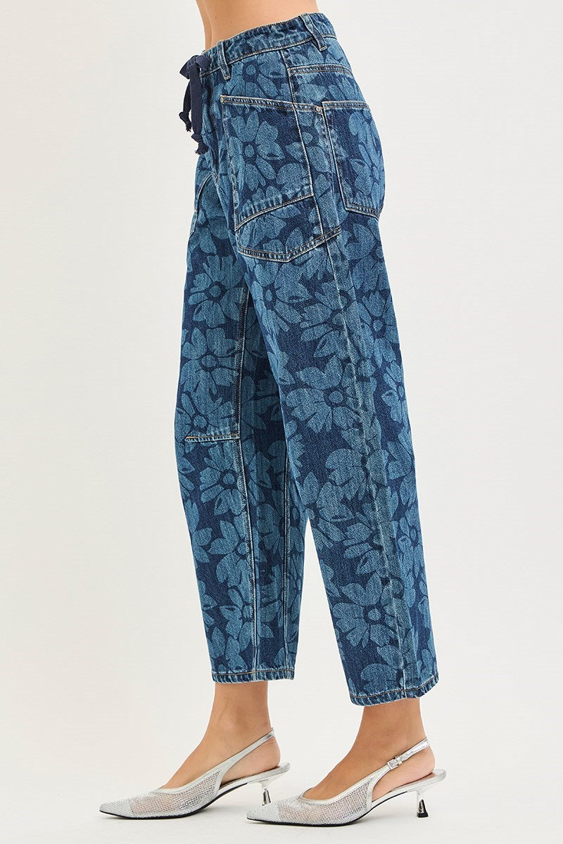 Shelby Dark Floral Print Barrel Jeans