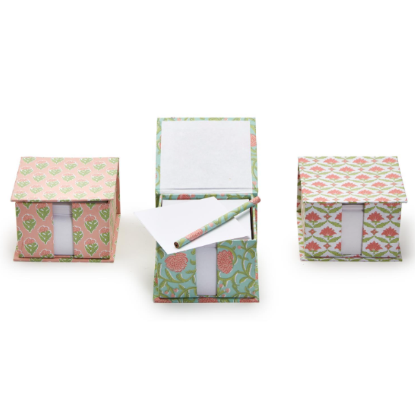 Floral Block Print Note Paper Caddy with Pencil