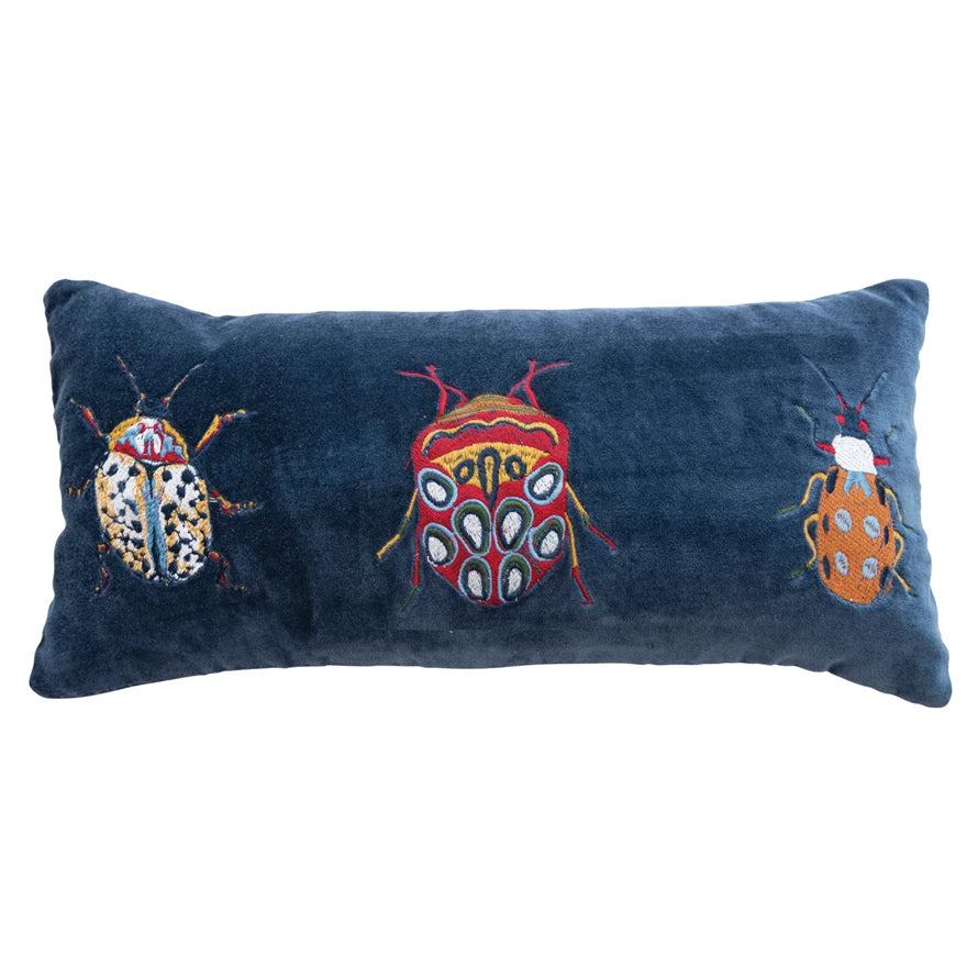 Navy Velvet Pillow with Beetles
