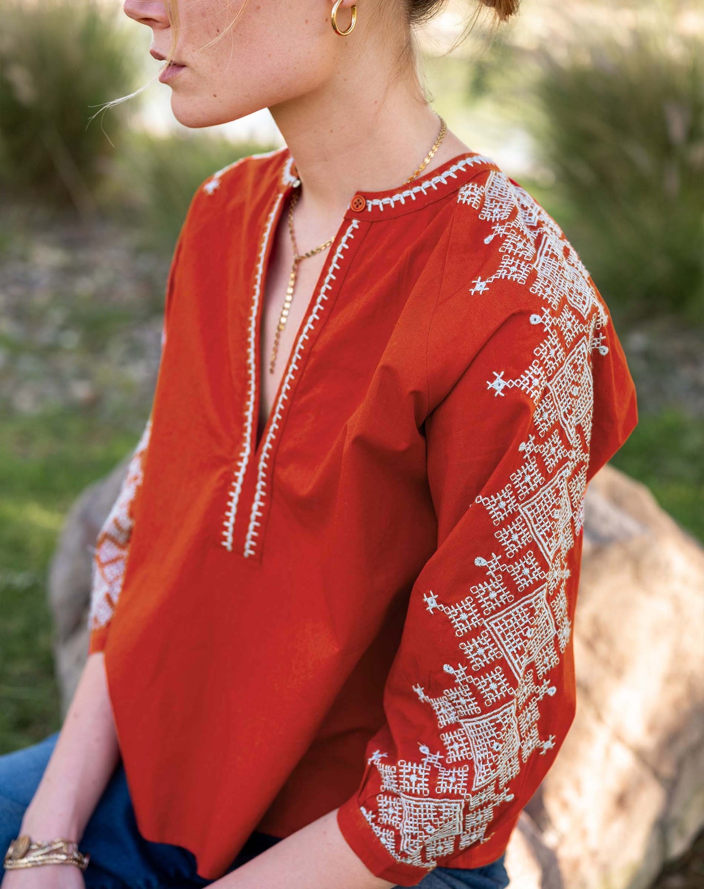 Pego Embroidered Top - Cinnabar/Blue