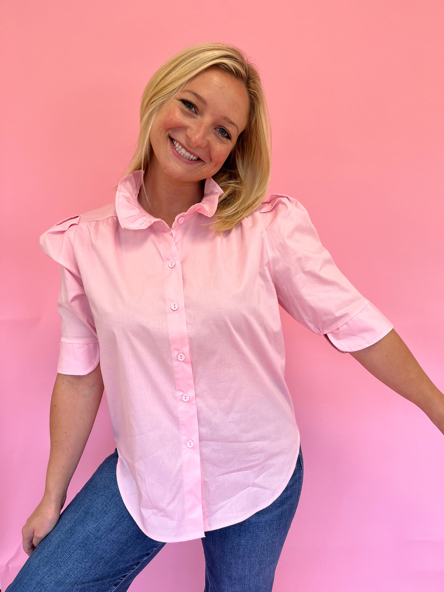 Jodie Pink Ruffle Collar Top
