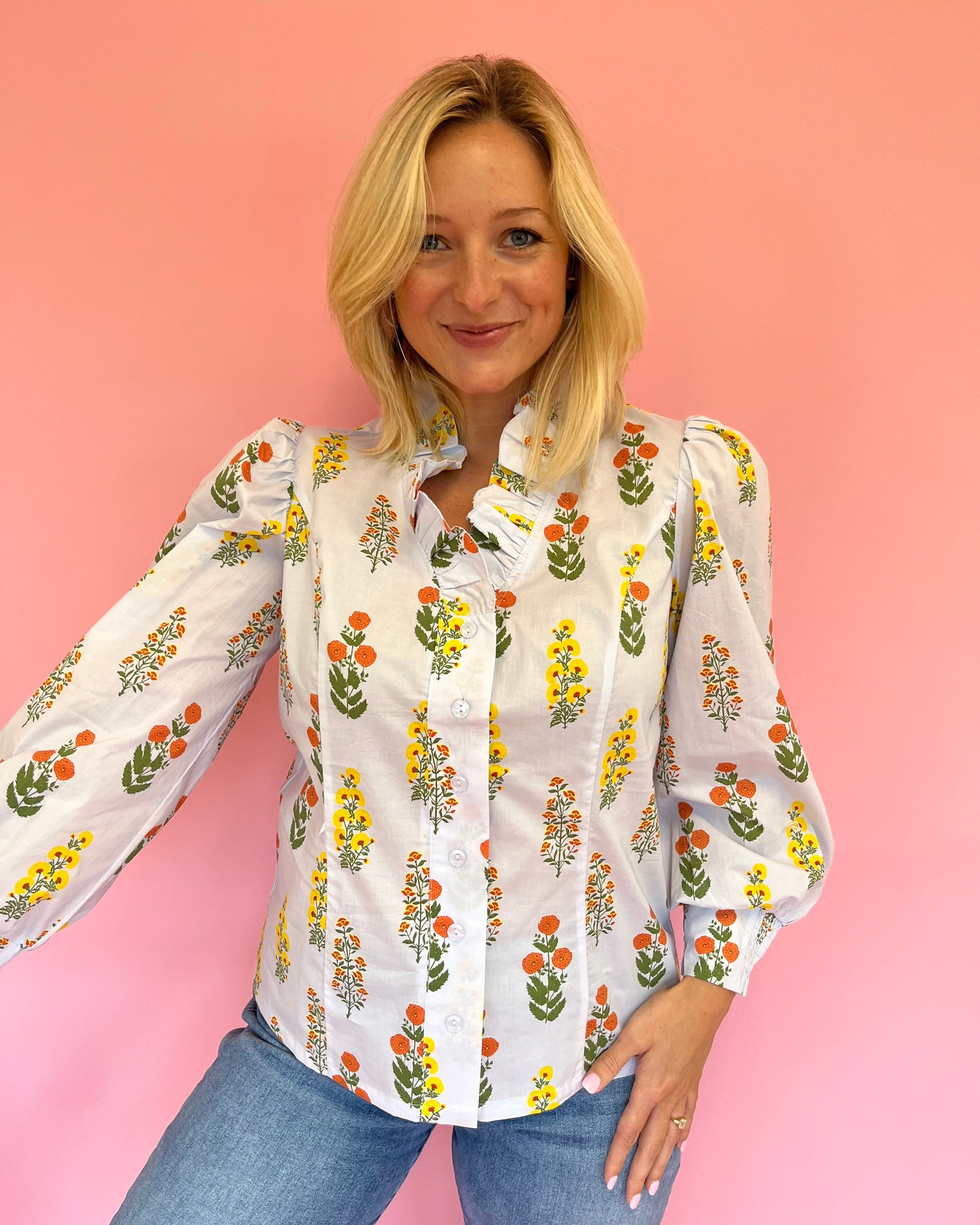 Charlotte Blue Floral Button Up Top