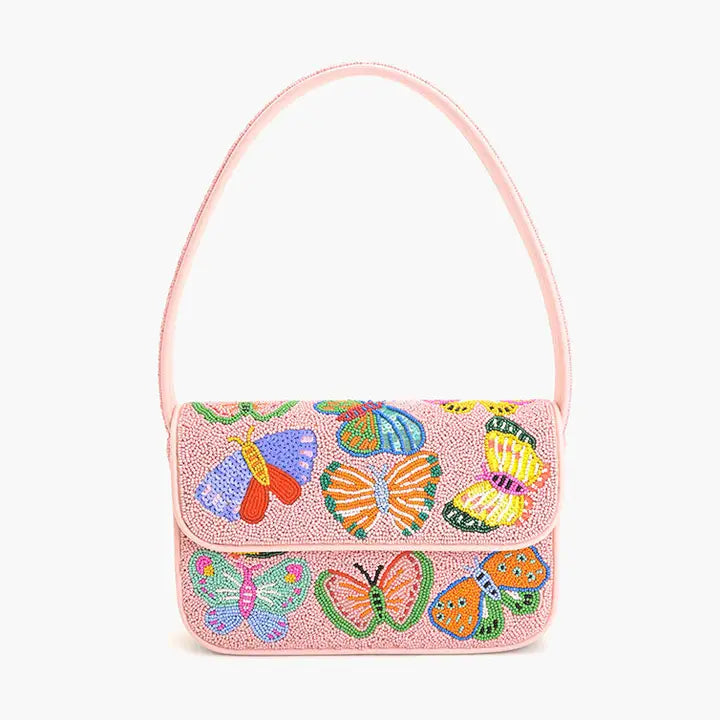 Butterfly Garden Pink Beaded Shoulder Bag