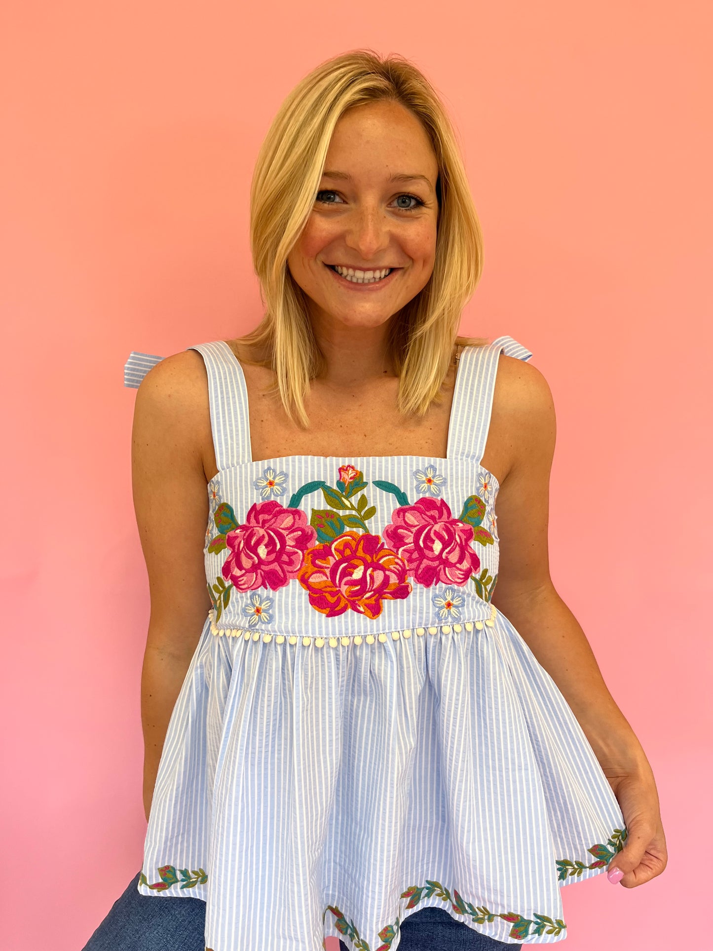 Adele Floral Embroidered Tie Top