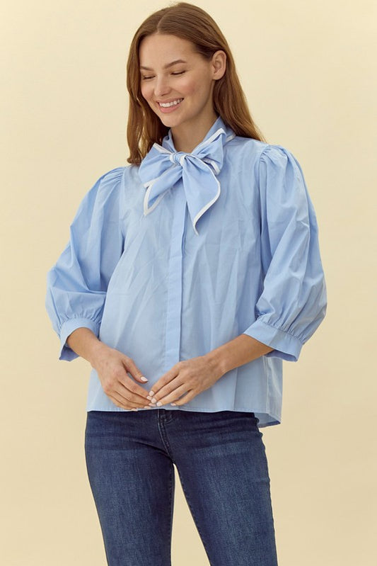 Jane Blue Bow Button Down