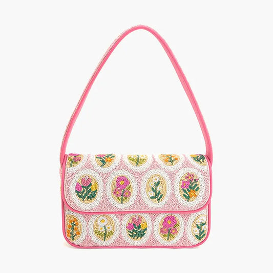 Blooming Pink Medallions Beaded Shoulder Bag