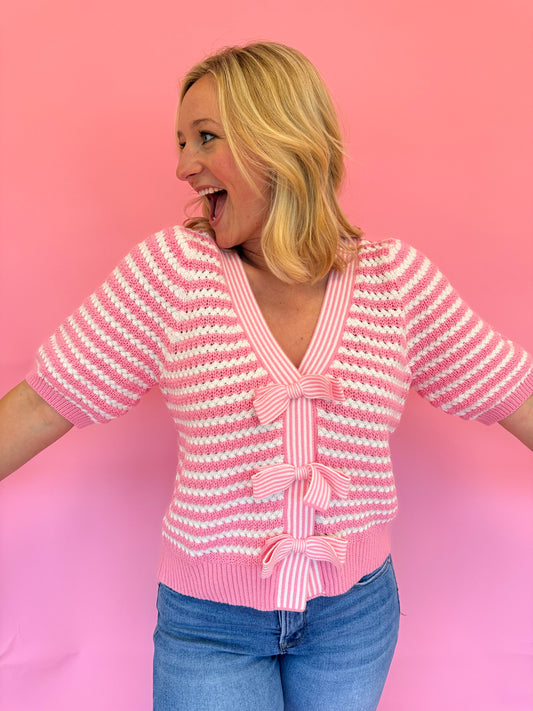 Meg Pink Stripe Bow Cardigan