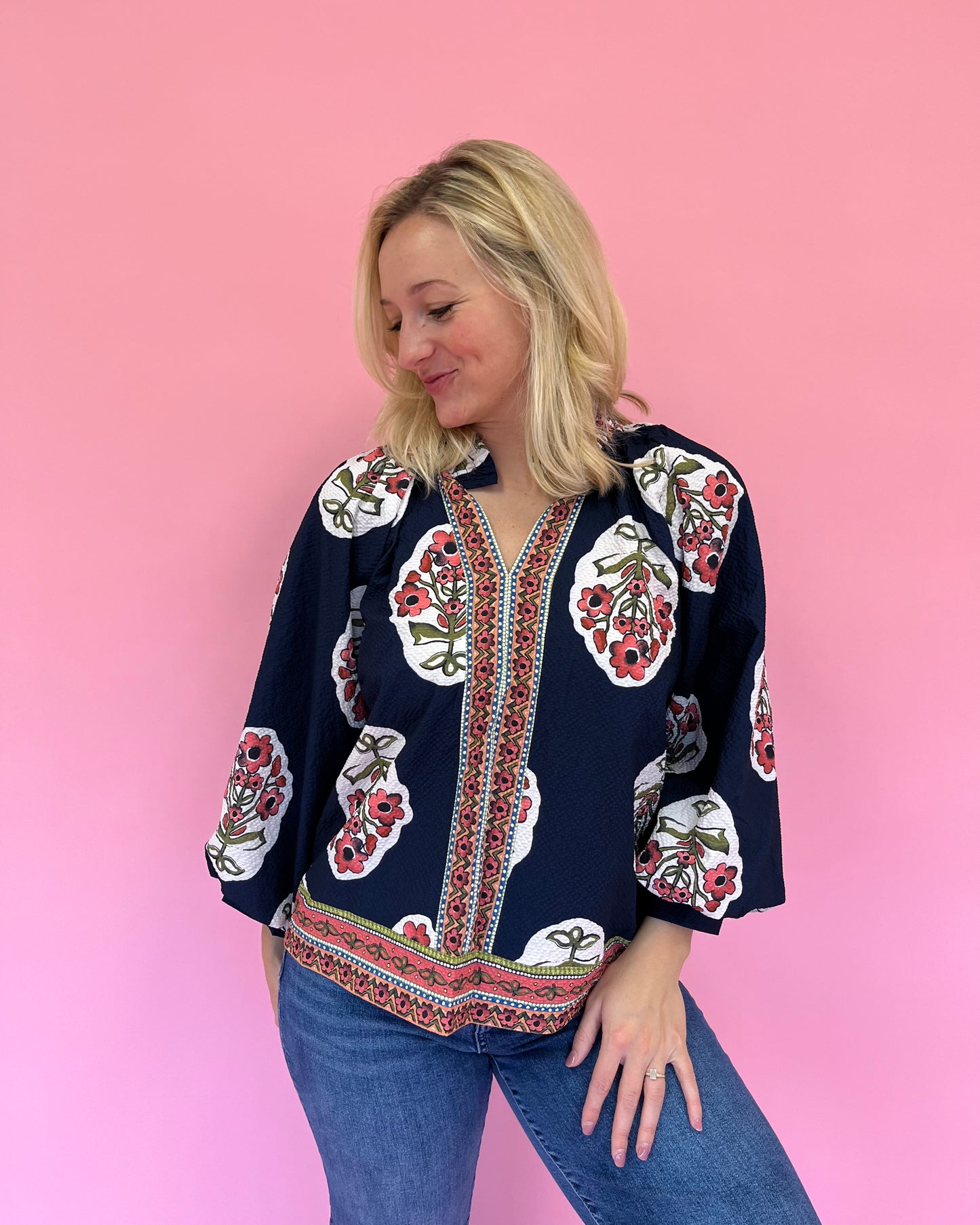 Willa Navy Block Print Top