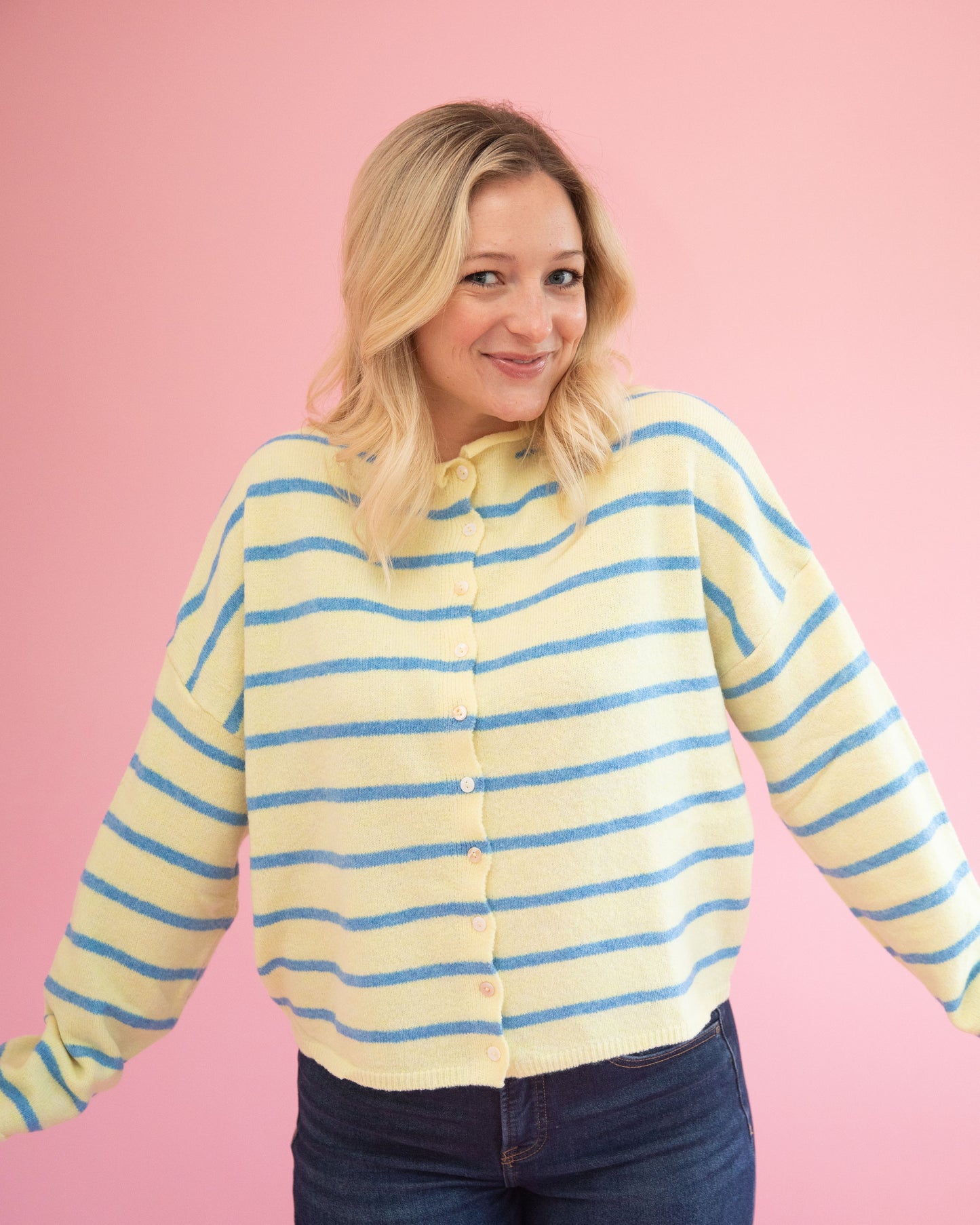 Lainey Butter Yellow and Blue Stripe Cardigan