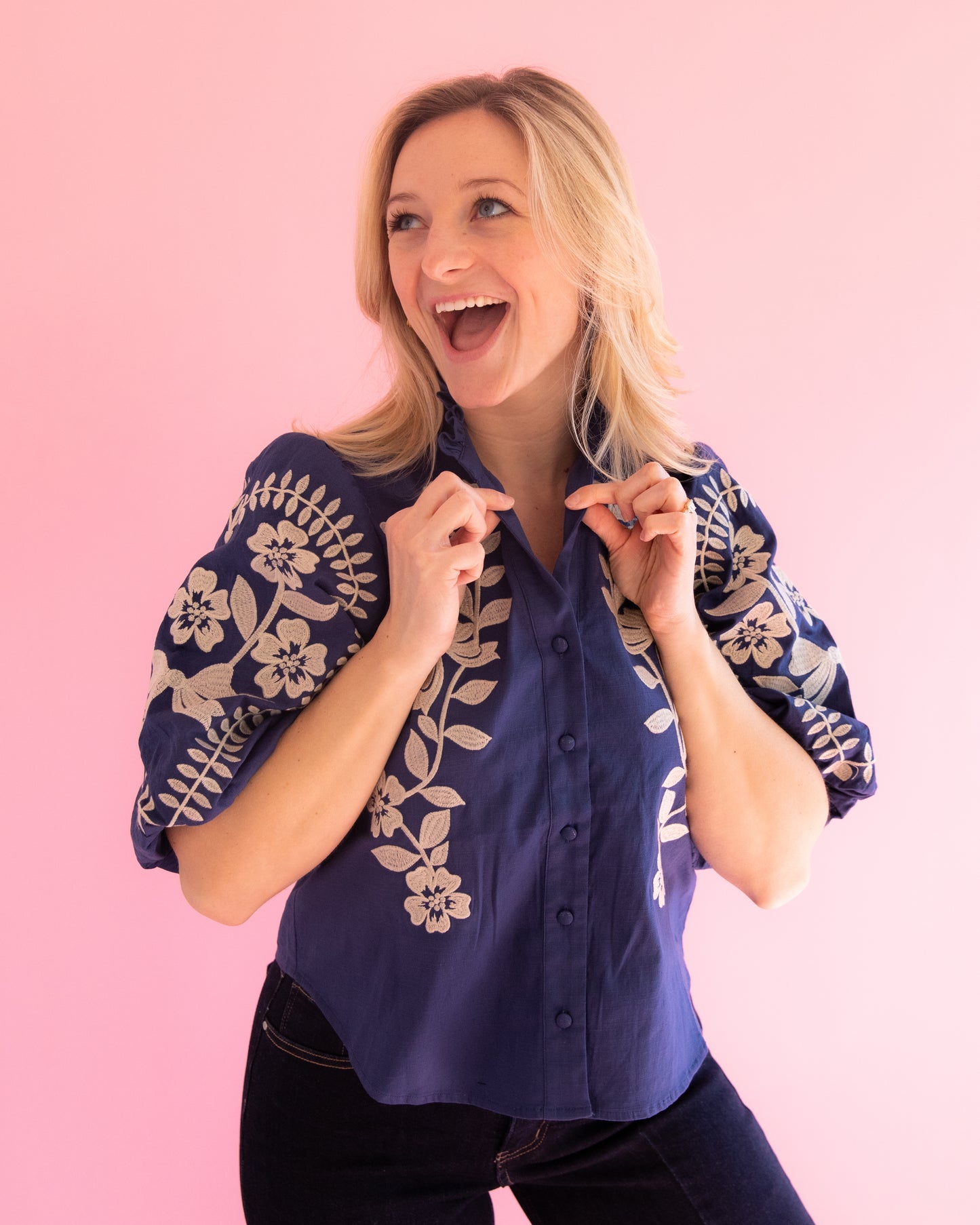 Presley Navy Embroidered Top
