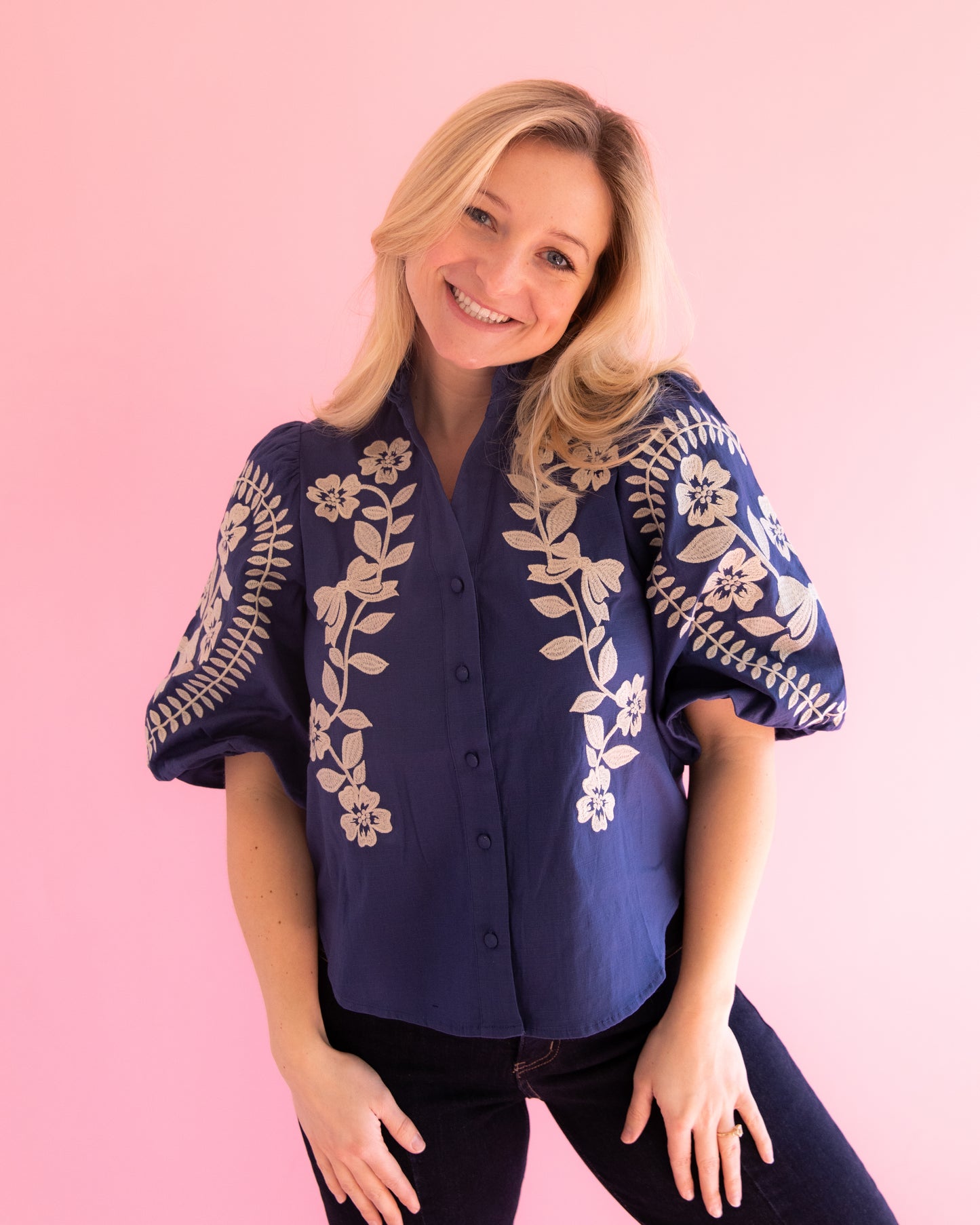 Presley Navy Embroidered Top