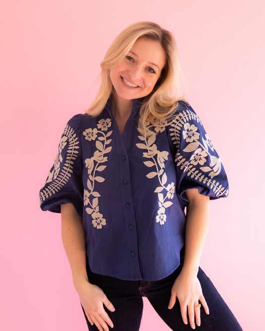 Presley Navy Embroidered Top