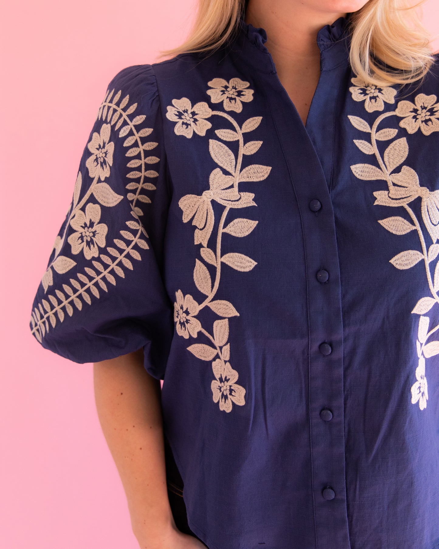 Presley Navy Embroidered Top