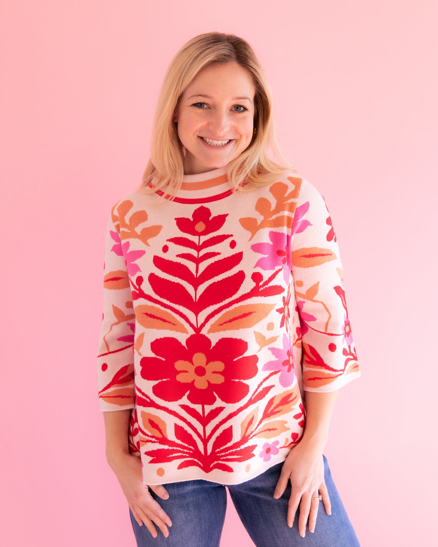Scarlet Pink Floral Mock Neck Sweater