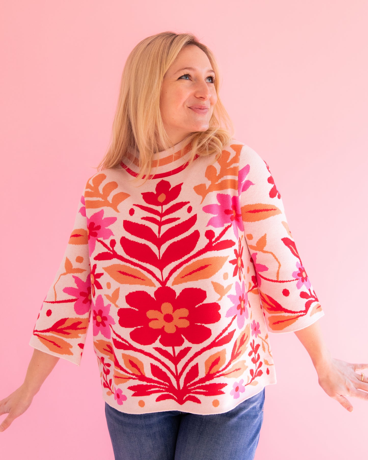 Scarlet Pink Floral Mock Neck Sweater