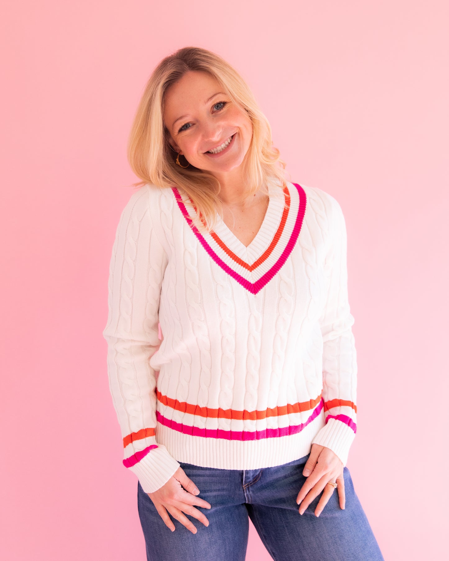 Julie White with Stripe Detail Cable Knit Sweater