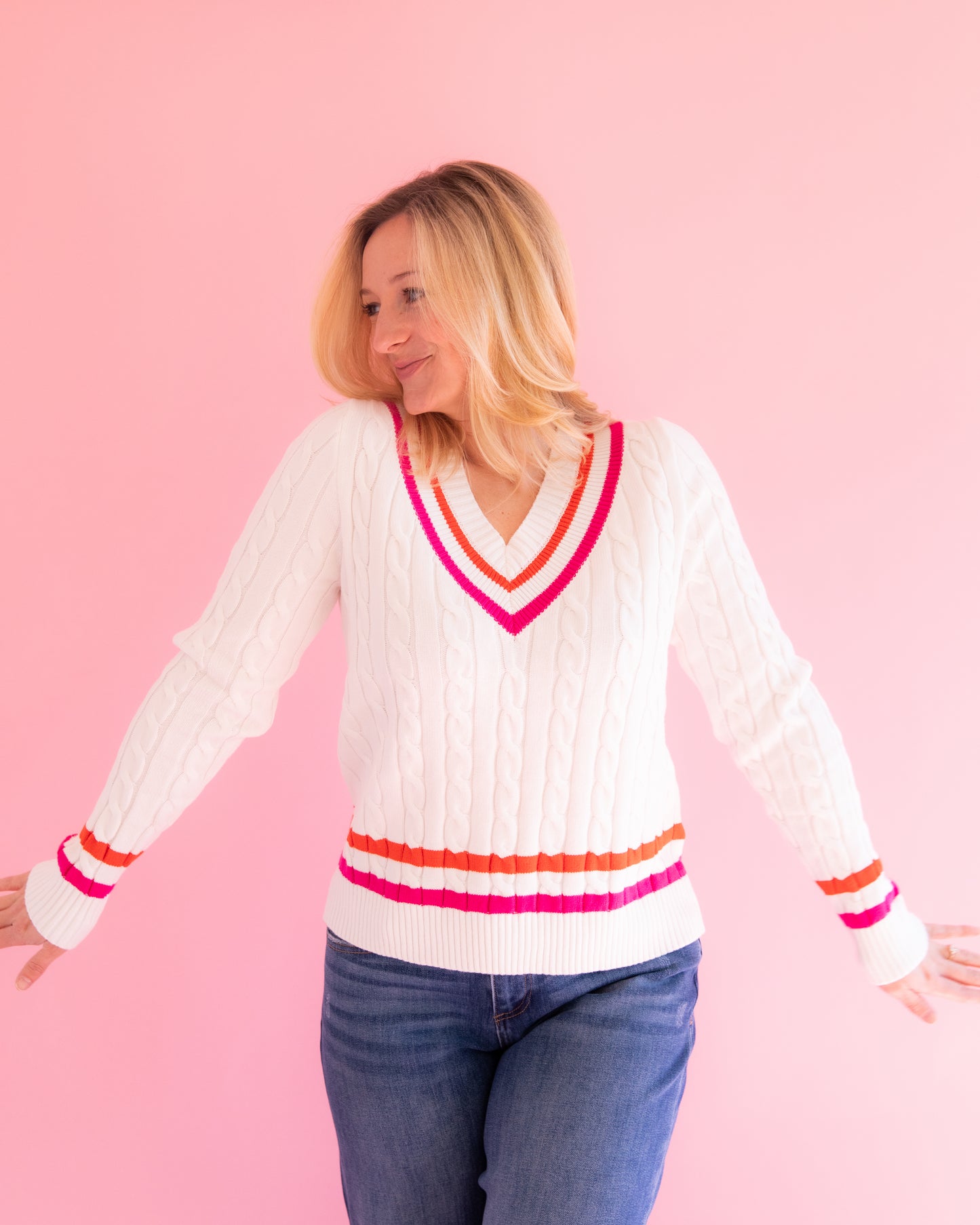 Julie White with Stripe Detail Cable Knit Sweater