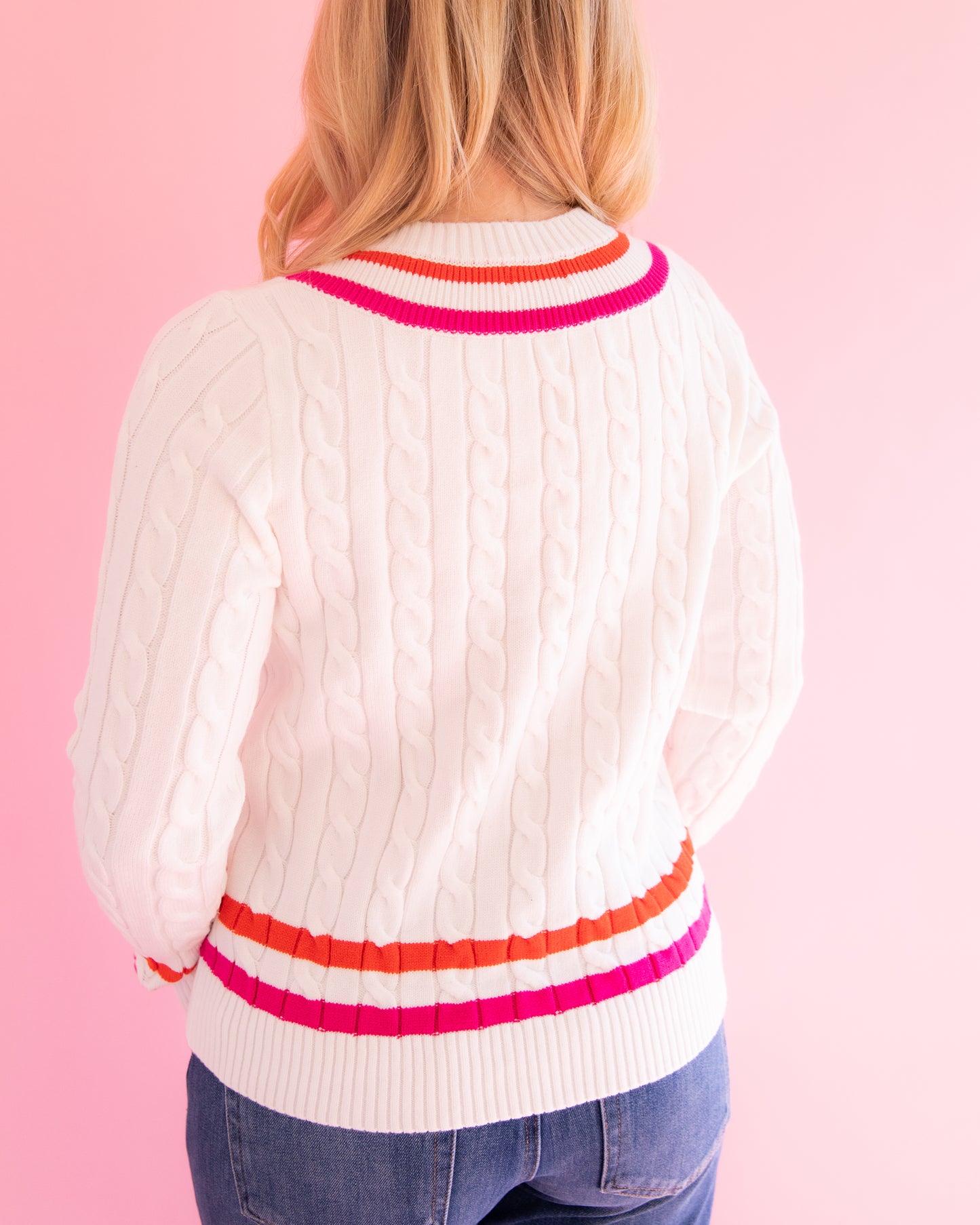 Julie White with Stripe Detail Cable Knit Sweater