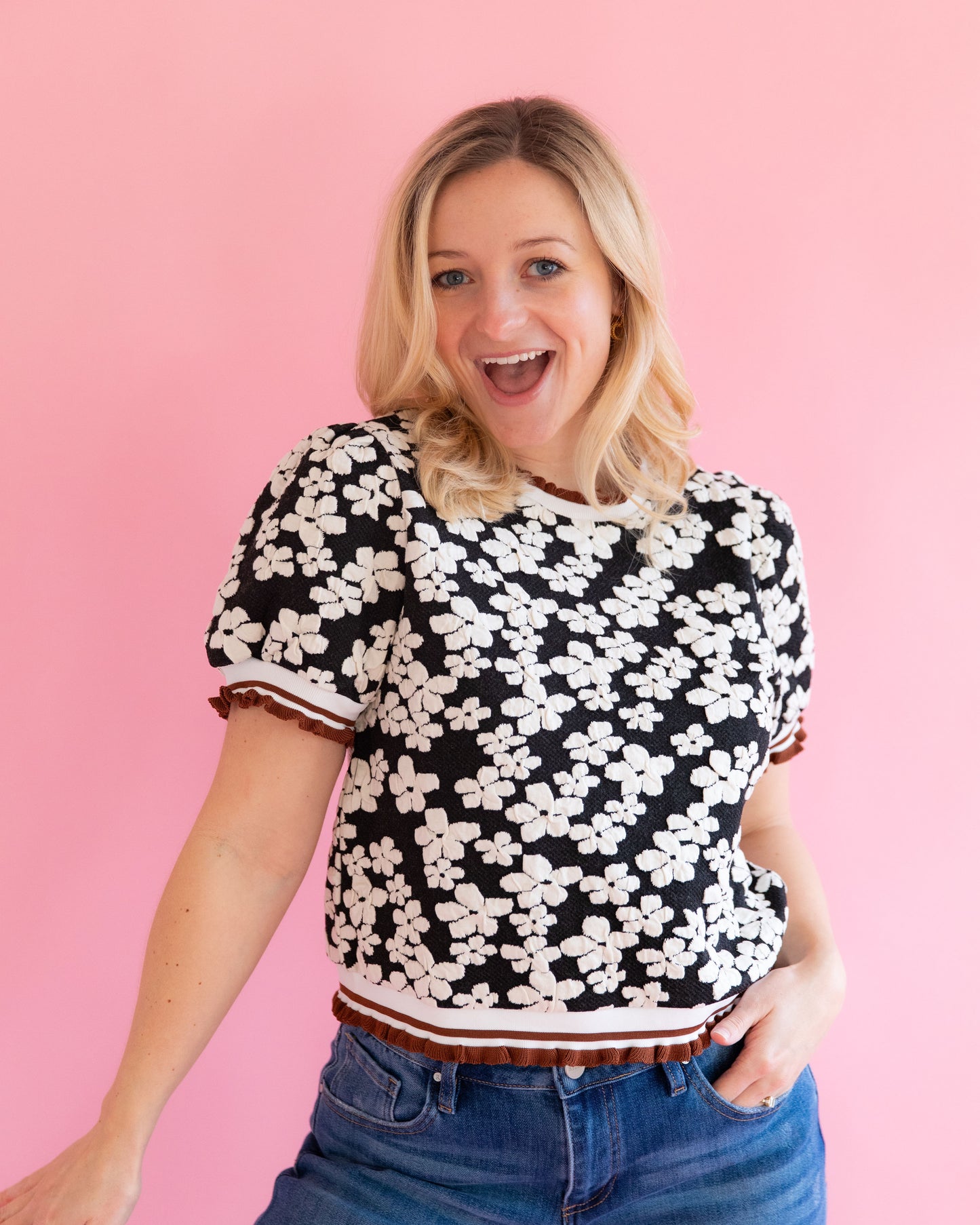 Annie Black Embossed Flower Top