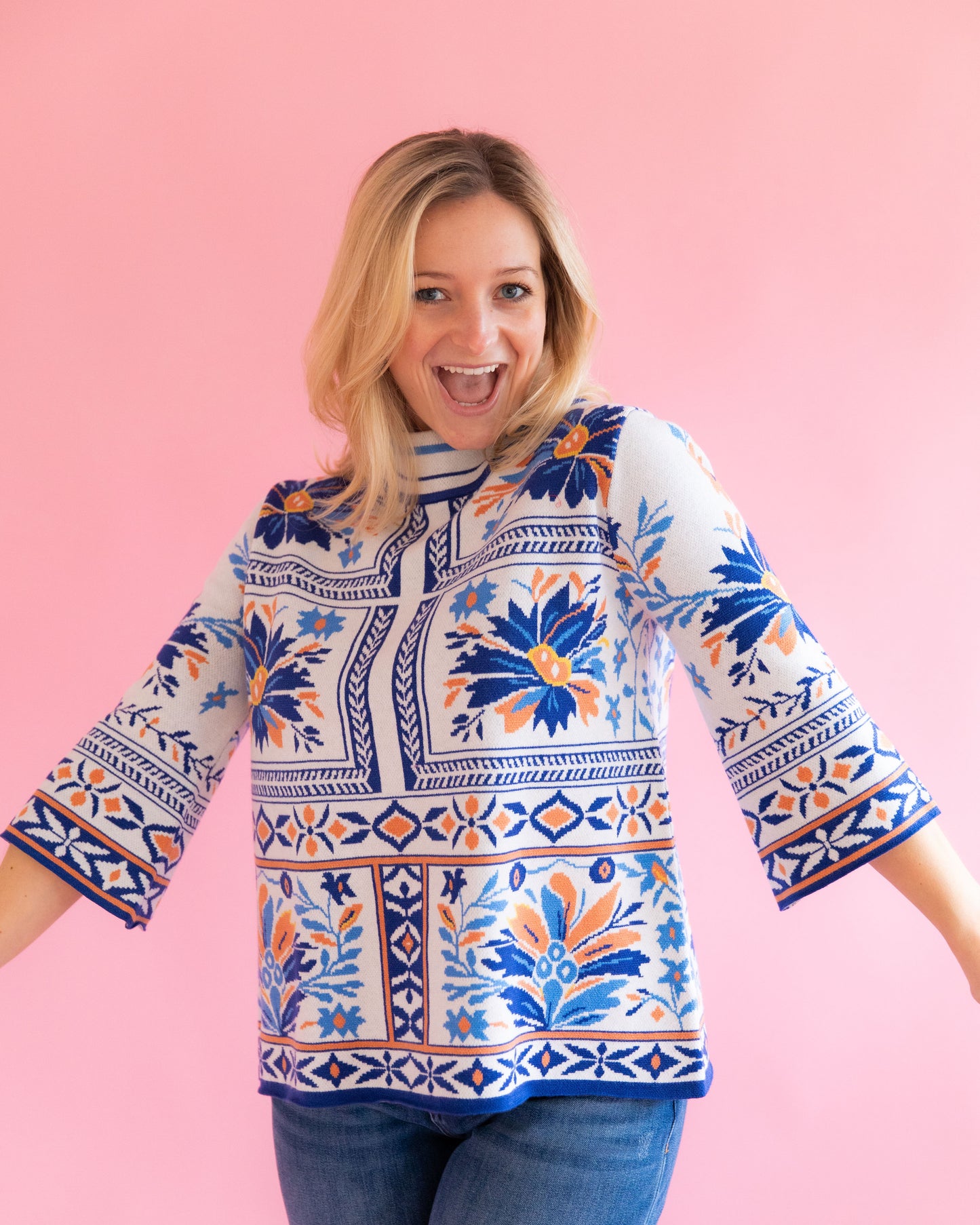 Libby Blue Patchwork Mock Neck Sweater