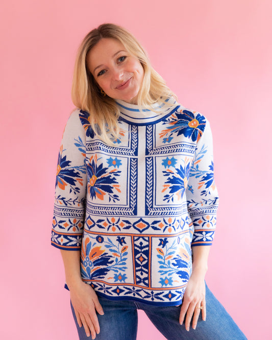 Libby Blue Patchwork Mock Neck Sweater