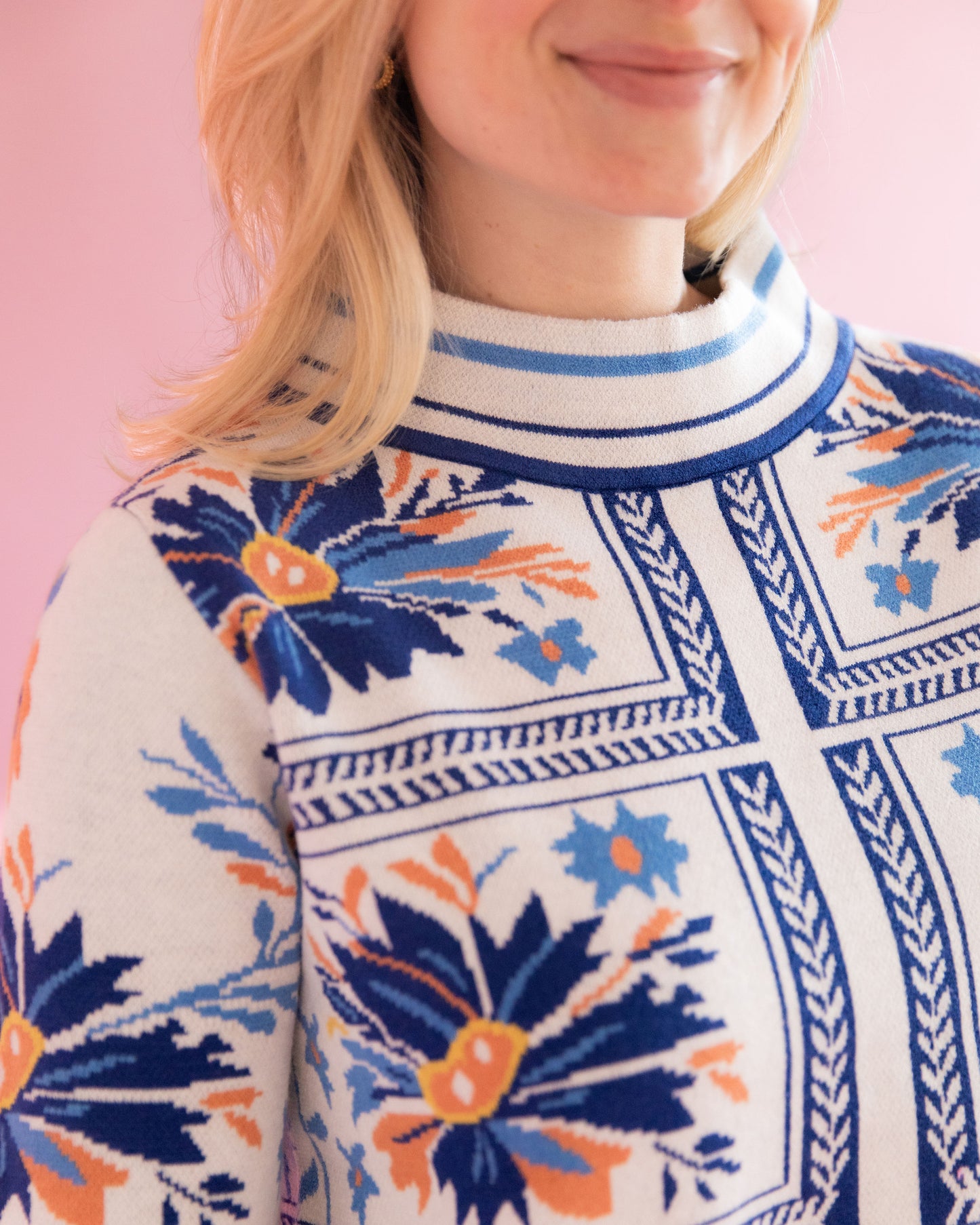 Libby Blue Patchwork Mock Neck Sweater
