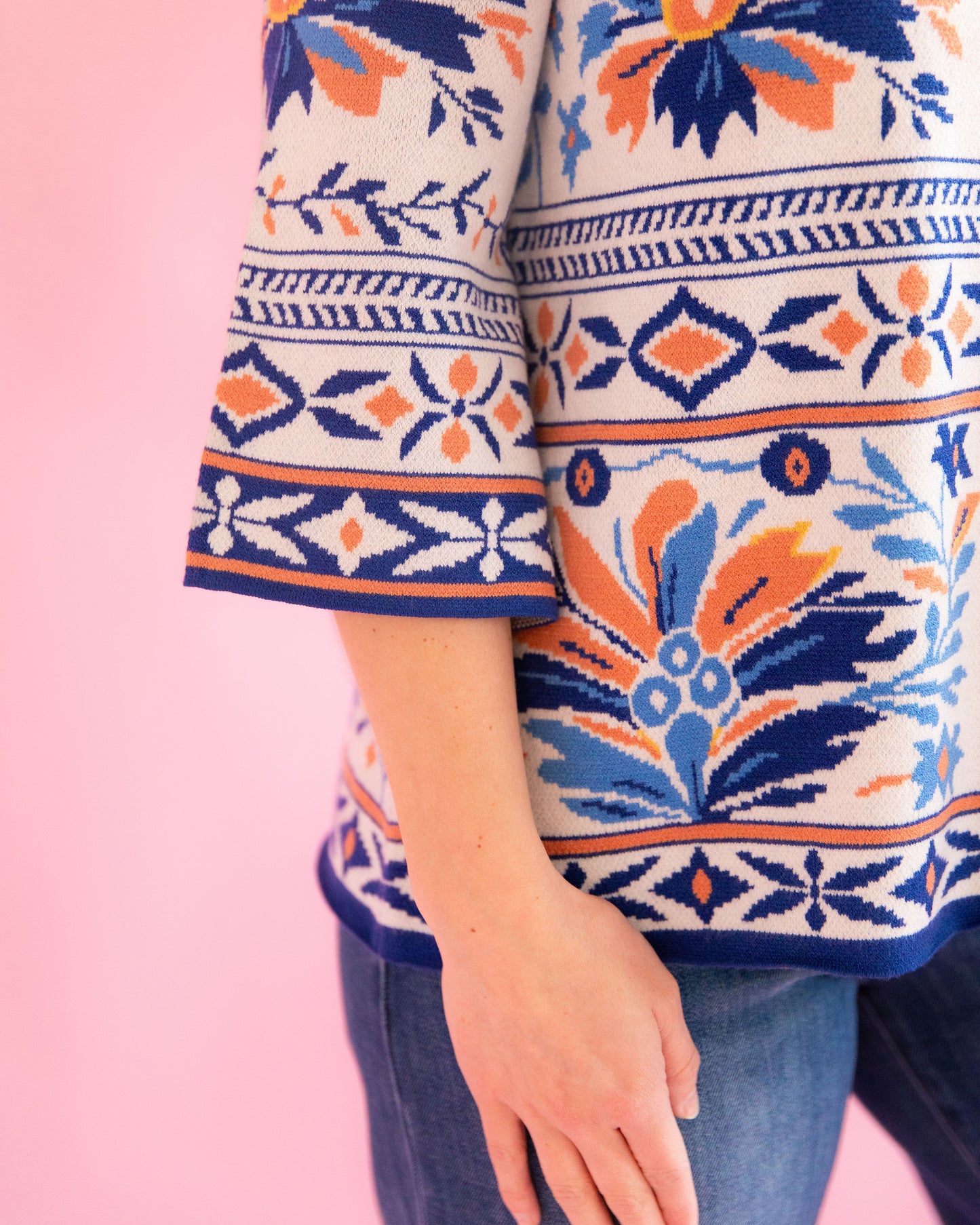 Libby Blue Patchwork Mock Neck Sweater