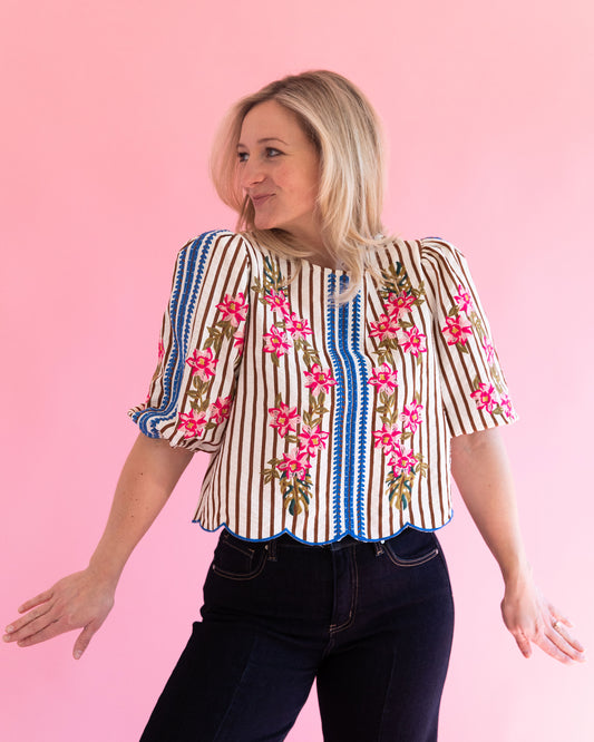 Joanna Cream Stripe and Floral Top