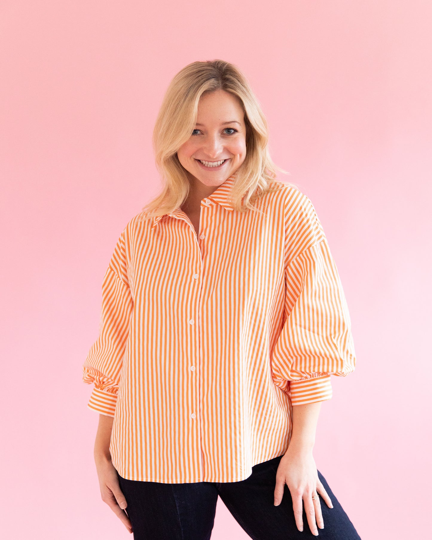 Jeanie Orange Stripe Balloon Sleeve Top