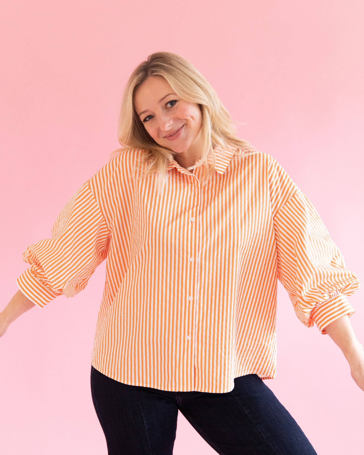 Jeanie Orange Stripe Balloon Sleeve Top