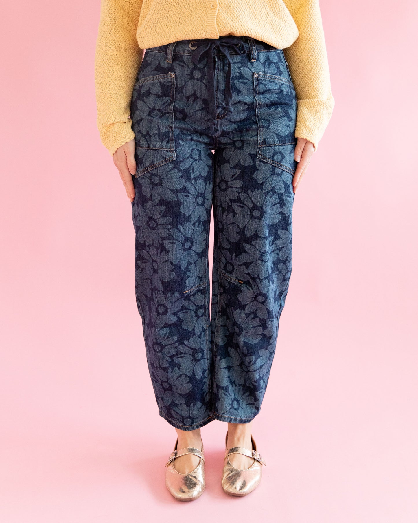 Shelby Dark Floral Print Barrel Jeans